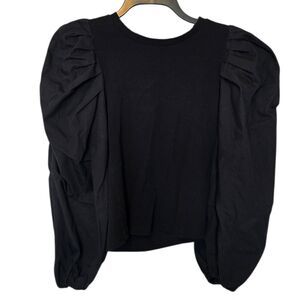 3/$15 Lea & Viola Black Multimedia Puff Shoulder Blouse Size Xs